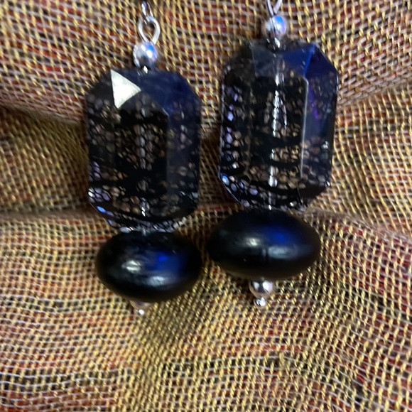 Handmade Jewelry Earrings Made w New & Upcycled Beads in Black & Silver - Picture 2 of 3